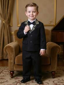 BOARNSEORL 两件套男童绅士西装套装：带蝴蝶结的西装外套和西裤，时尚百搭，适合生日派对、婚礼、周年纪念日、圣诞节等场合。 - 黑色 - 查看 1