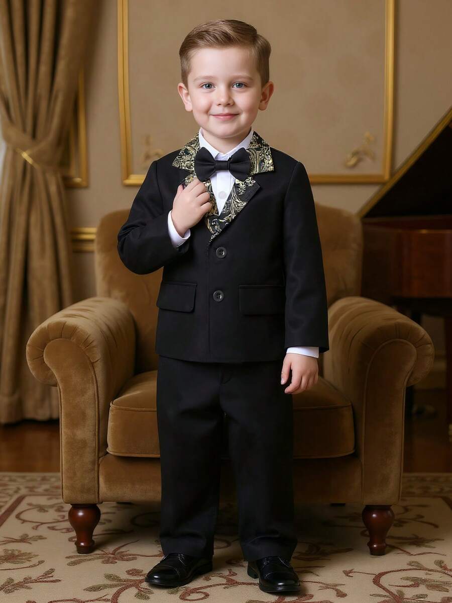 BOARNSEORL 两件套男童绅士西装套装：带蝴蝶结的西装外套和西裤，时尚百搭，适合生日派对、婚礼、周年纪念日、圣诞节等场合。 - 黑色 - 查看 1