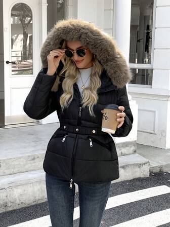 Damjacka med hårkrage, blixtlåsfickor och bälte, elegant quiltad kappa, vinterkläder för kvinnor