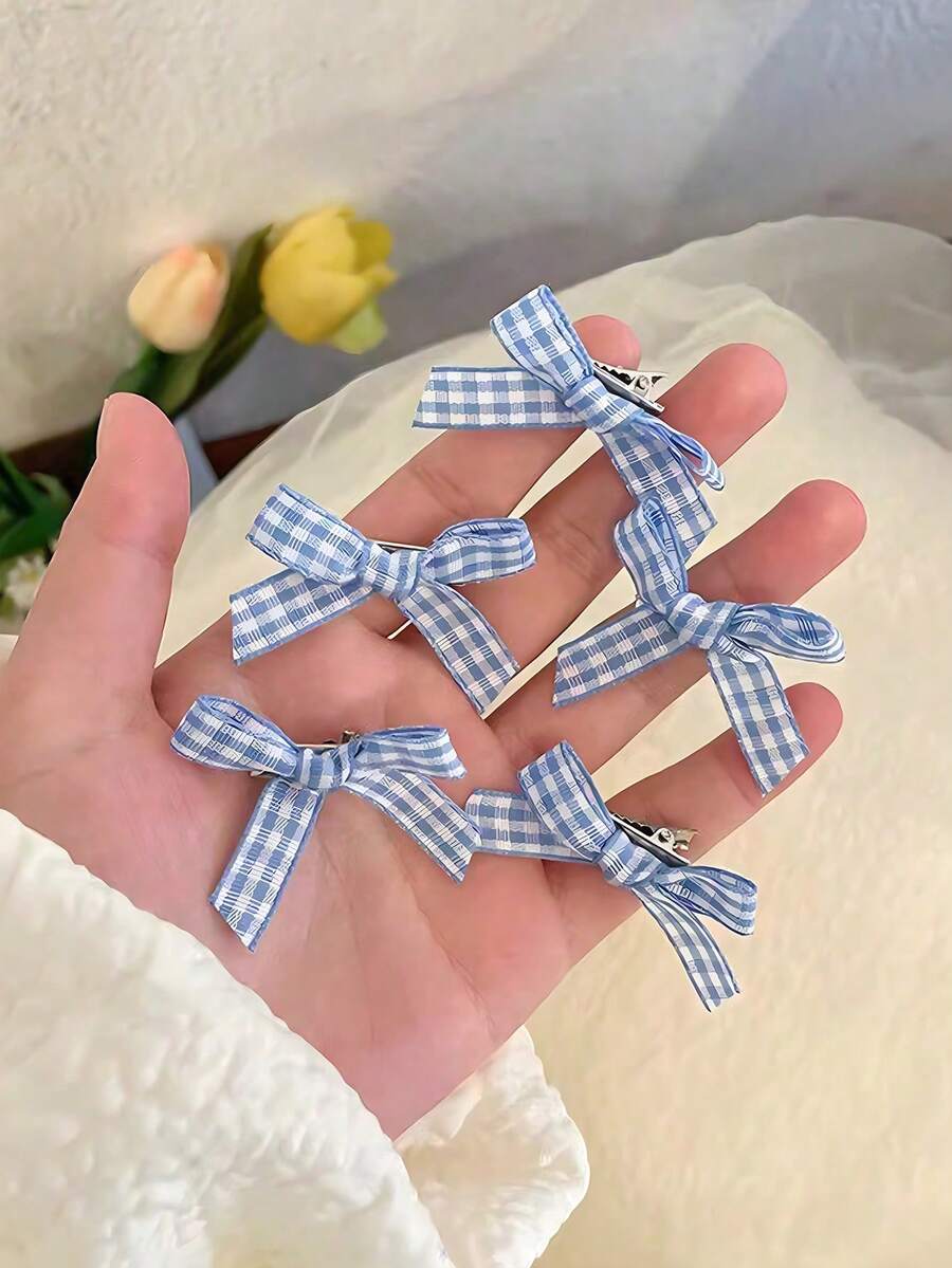 5 piezas de pasadores de pelo mini con moño a cuadros, lindos pasadores pequeños para niñas - Azul - Ver 1