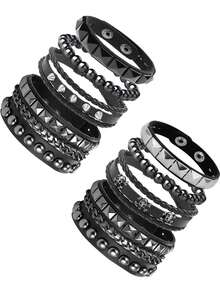 Xiacheng 4pcs Leather Rivet Bracelet Set, Unisex Punk Rock Cuff Wristband, Emo Accessories Suit, Suitable For 80s 90s Outfit - Black - View 1
