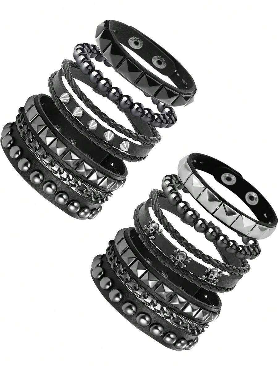 Xiacheng 4pcs Leather Rivet Bracelet Set, Unisex Punk Rock Cuff Wristband, Emo Accessories Suit, Suitable For 80s 90s Outfit - Black - View 1