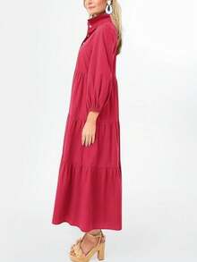 Saodimallsu Womens 3/4 Sleeve Casual Button Down V Neck Tiered Collared Flowy Maxi Shirt Dress - 紅色 - 查看 3