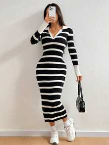 New Elegant Turndown Collar Long Sleeve Striped Knit Dress