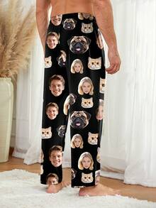 Customized Couple & Pet Portrait Men's Lounge Pants, Black Base With Funny Printed Pattern, Personalized Couple & Pet Homewear, Fall, Winter - Multicolor - View 3