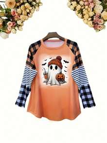 Plus Size Women Plaid Insert Sleeve Print Casual T-Shirt, Spring & Autumn