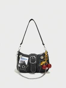 Chiếc túi đeo vai thời trang mới này kết hợp giữa dây xích kim loại và họa tiết hoa anh đào đỏ, có khóa bấm, phù hợp cho việc đi làm hàng ngày, mua sắm, hoạt động ngoài trời và nhiều dịp khác nhau. - màu đen - Xem 1