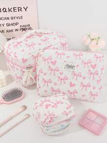 1 Bolsa de Cosméticos Grande com Estampa de Coração Rosa e Laço Acolchoada, Bolsa de Toucador Portátil com Zíper, Bolsa de Armazenamento de Maquiagem Pode Guardar Batom, Pincéis, Produtos de Cuidados com a Pele, Telefones Celulares, Moedas, Pequenos Itens, Adequada para Uso Doméstico, Viagem, Cruzeiro, Férias e Escola, Presentes de Dama de Honra de Casamento, Presentes de Aniversário, Presentes de Festival, Essenciais de Outono Universitários, Bolsa de Viagem de Férias para Mulheres, Bolsa de Maquiagem, Organizador de Maquiagem