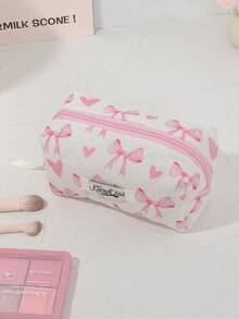 1 Bolsa de Cosméticos Grande com Estampa de Coração Rosa e Laço Acolchoada, Bolsa de Toucador Portátil com Zíper, Bolsa de Armazenamento de Maquiagem Pode Guardar Batom, Pincéis, Produtos de Cuidados com a Pele, Telefones Celulares, Moedas, Pequenos Itens, Adequada para Uso Doméstico, Viagem, Cruzeiro, Férias e Escola, Presentes de Dama de Honra de Casamento, Presentes de Aniversário, Presentes de Festival, Essenciais de Outono Universitários, Bolsa de Viagem de Férias para Mulheres, Bolsa de Maquiagem, Organizador de Maquiagem