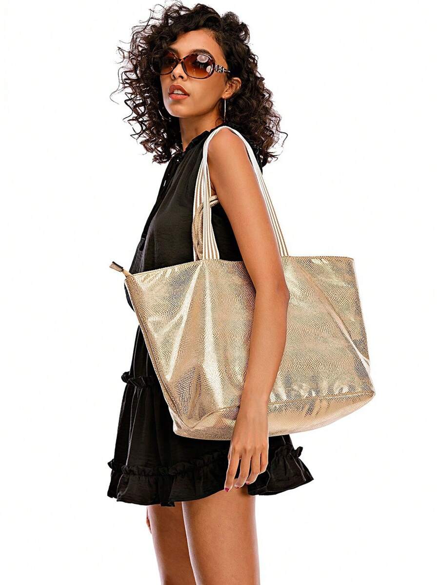 Spacious Solid Color Tote Bag - Large Capacity Shoulder Bag For Women - Perfect For Travel, Beach, Commute, And Shopping Trips With Stylish Casual Design - Gold - View 1