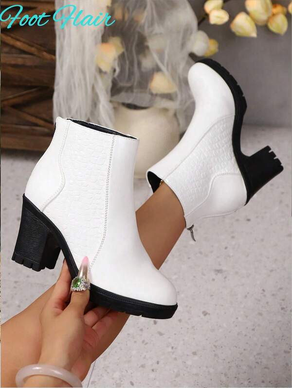 Women's Crocodile Pattern Patchwork Round Toe Back Zipper High Heel Boots, Elegant Style Suitable For Party, Outdoor And Daily Wear, Autumn/Winter New PU Leather Fashion Versatile Comfortable Increased Height White Ankle Boots