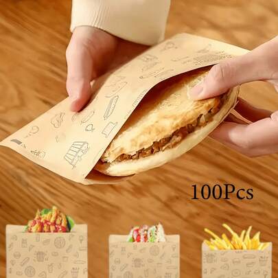 50/100pcs Kraft Paper Sandwich Bags, Grease-Proof Disposable Food Bags For Burgers, Desserts, Fried Chicken | Leak-Proof Snack Packaging For Parties, Catering, Food Trucks | Weddings, Birthdays | Back To School