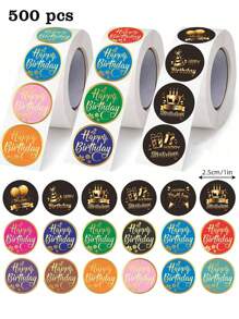 500pcs/Roll Birthday Graffiti Self-Adhesive Stickers, 1 Inch Round, 18 Patterns, Black Print/Colorful Foil, Birthday Party Decoration, Gift Wrapping, Envelope Card, Commercial DIY Decor Labels, PVC Waterproof Sealing Stickers - Multicolor - View 1