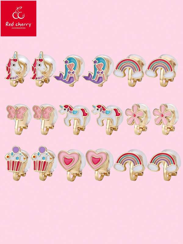 3 对/套锌合金独角兽、美人鱼和彩虹形夹式耳环，无需穿孔，适合日常佩戴的装饰配件