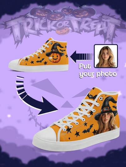 Women's Custom Halloween High-Top Sneakers, Personalized Your Face Wizard Hat And Bat Design, Lightweight Comfortable And Stylish, Funny Halloween Gift For Mom/Dad/Her/Him/Girlfriend/Boyfriend/Wife/Husband/Friend, Unique Halloween Decor Footwear
