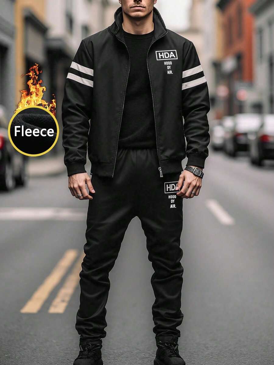 Men's 2 Pieces Fleece Tracksuit Set - Warm Zip-Up Jacket And Straight-Leg Pants For Fall & Winter - Black - View 1