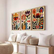 三件套波西米亚民间艺术花卉印花画 - 北欧风格无框帆布墙画，适用于客厅、卧室、书房、浴室，竖幅，简约装饰 - 彩色 - 查看 1