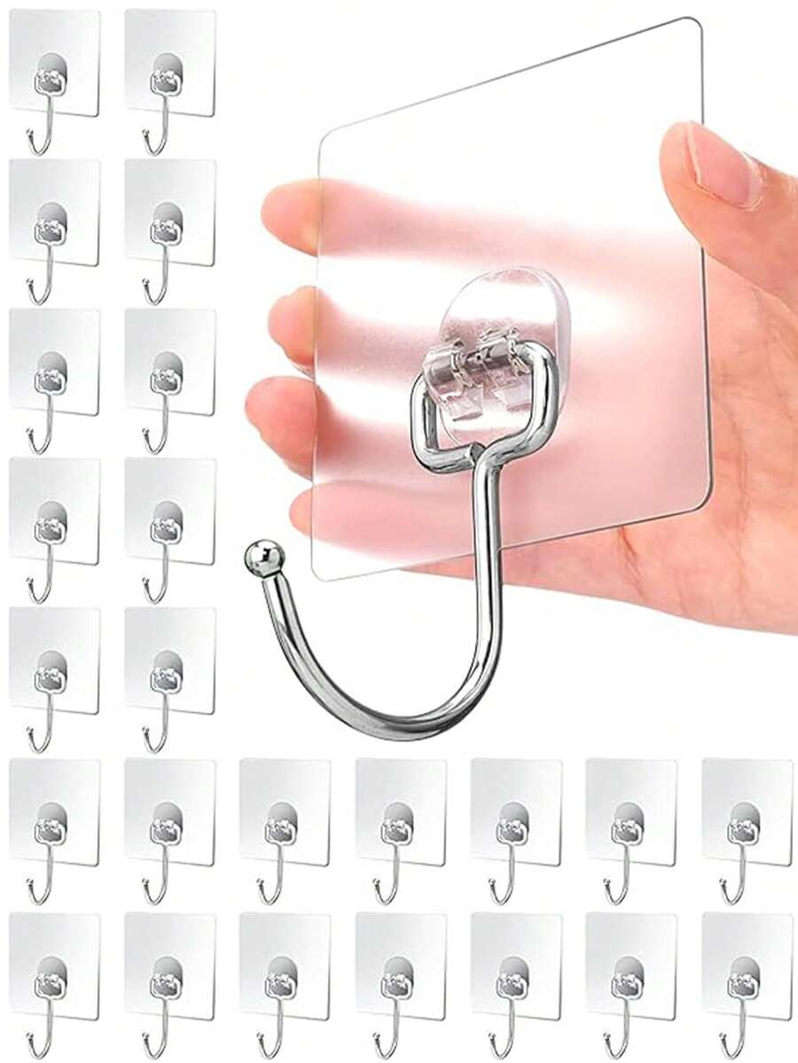 30pcs 33lbs(Max) Transparent Reusable Kitchen Curtain Hooks, Bathroom Towel Hooks, Heavy Duty Self-Adhesive Wall Hooks For Damage-Free Mounting - One Size Fits All - View 1