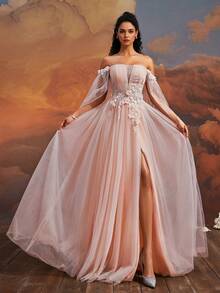Elisanya Elegant Blush Pink Off-Shoulder Long Tulle Gown, 3D Floral Applique High Slit Evening Dress, Women Formal Dreamy Princess Prom Gown, Glamorous Party Dress Wedding Guest Dress - Baby Pink - View 5