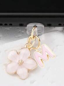 1 件时尚粉色花卉字母手机防尘塞，精致 A-Z 字母金属挂件，适合作为女性生日礼物，兼容 Lightning（5-14）/ Type-C 接口 - 粉色 - 查看 3