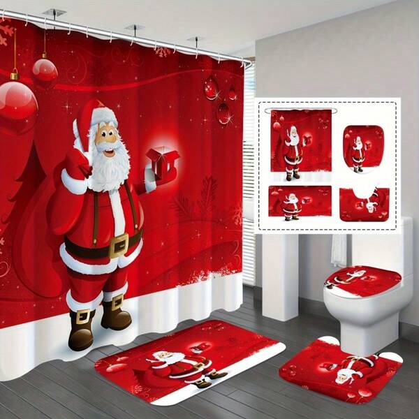 1/4 Pcs Christmas Red Santa Claus Themed Bathroom Set Includes Toilet U-Shaped Mat, Toilet Seat Cover, Bathroom Decor, Shower Curtain Set With 12 Hooks, Bathroom Non-Slip Mat, Toilet Seat Cover And U-Shaped Mat