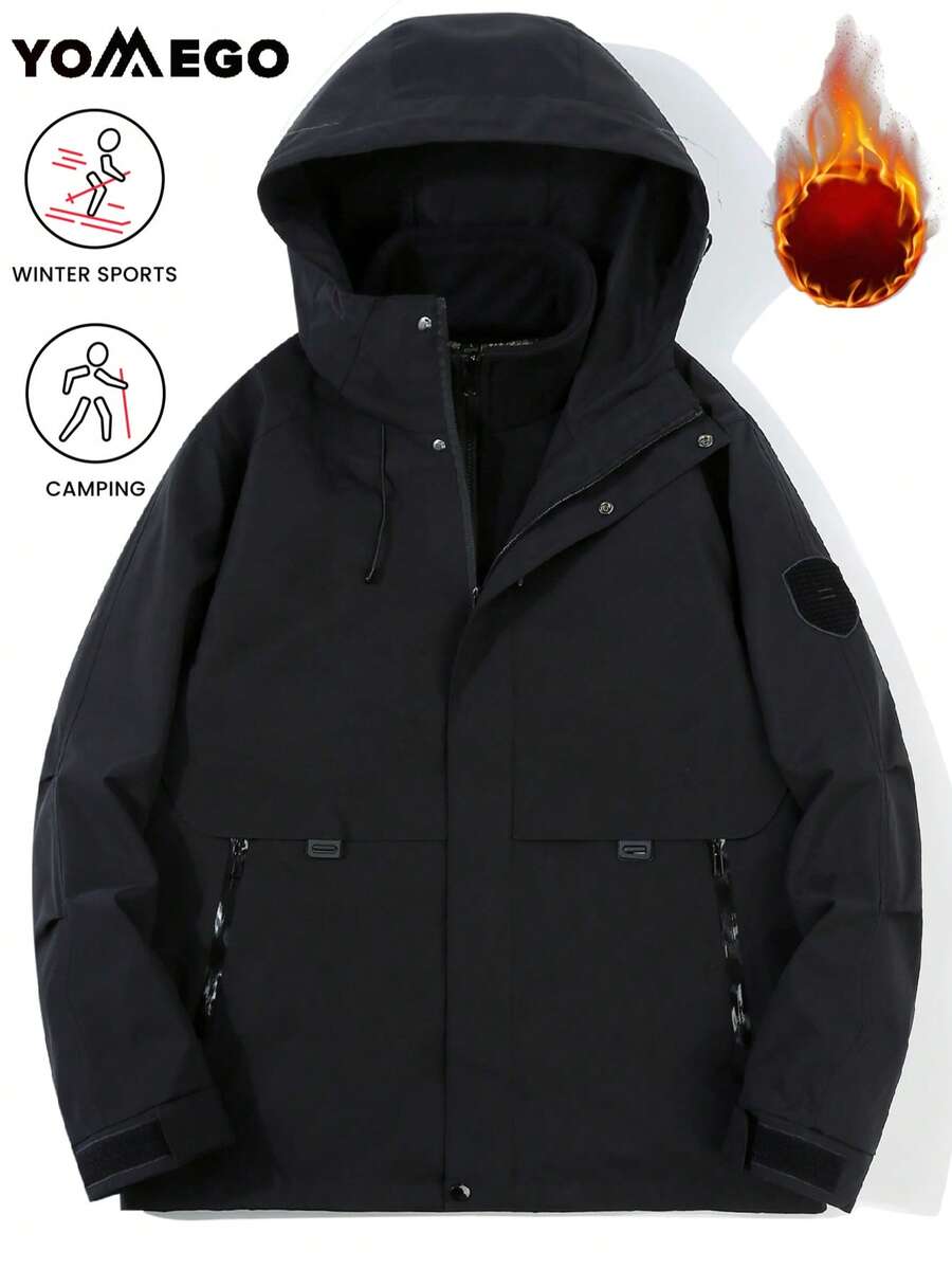 YOMEGO 女士防水滑雪服，三合一保暖冬季雪地外套，防风连帽雨衣，户外服装，纯色，长袖，带拉链口袋，适合冬季运动，抓绒面料，黑色