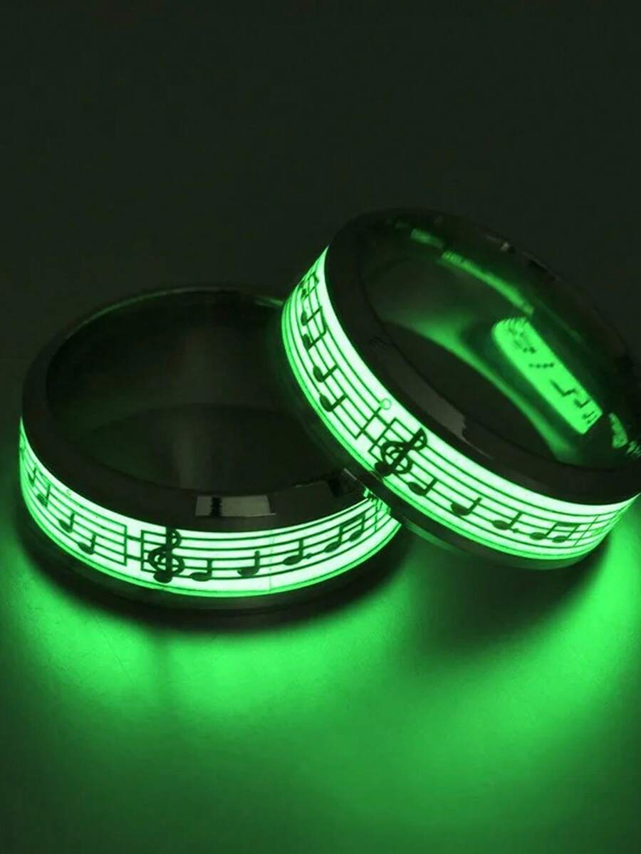 1pc Fashion Stainless Steel Luminous Rings For Men Women Music Stave Pattern Glowing In Dark Couple Ring Wedding Bands Jewelry Gift - Luminous - View 1