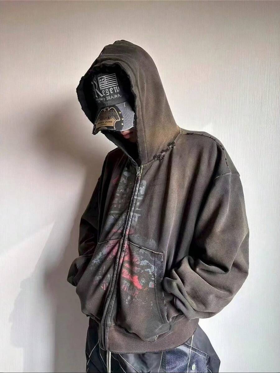 Men's Fall Wear Hooded Sweatshirt In Retro Street Dark Style, Casual Hooded Zipper Pullover Long-Sleeved Hoodie Sweater