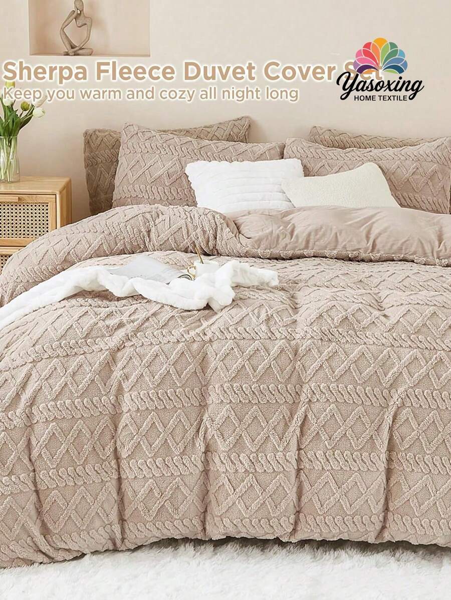 3 件套米色纯色簇绒保暖毛绒柔软羊毛羽绒被套床上用品套装毛绒人造毛皮透气亲肤被子羽绒被套 *1 枕套 *2 带拉链开合特大号双人床宿舍必备床上用品 - 卡其色 - 查看 1