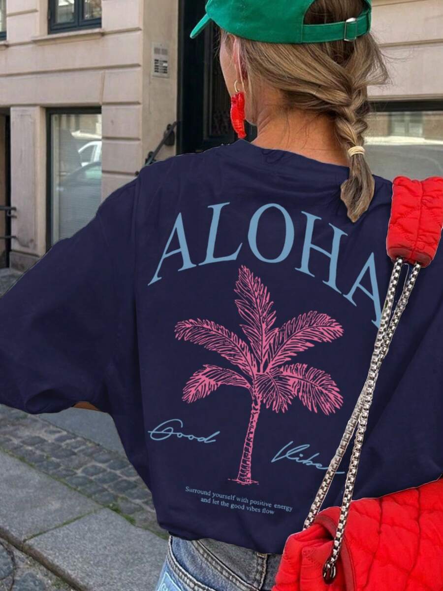Damen Frühlings- und Sommer Neu Palm-Baum Slogan Muster Tägliches lässiges Rundhals Kurzarm T-Shirt, modischer Urlaubsstil, Ihr tägliches Must-Have. Grafik-T-Shirts Damen Weiß Schwarz Rosa Urlaubsoutfits Damen