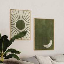 Sun And Moon Wall Set Of 2 Art Prints, Sage Green Wall Arts Abstract Boho Posters, Olive Green Wall Arts, Day And Night Art, Boho Minimalist Gift, Ramadan Decorations, No Frame,Green Decor - Black - View 4