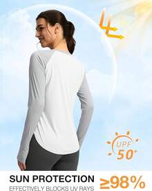 Womens Shirts UPF 50+ Lightweight Quick Dry Long Sleeve Workout Hiking Tops Outdoor - 白色+淺灰色 - 查看 2