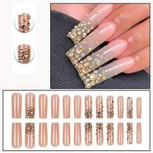 24 uñas postizas doradas con diseños artificiales brillantes, uñas largas de aplicación, con cristales 3D - Estilo largo-C5C16 - Ver 5