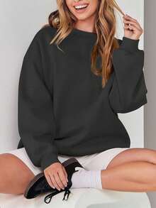 女式休闲圆领运动衫宽松柔软长袖套头衫 - 黑色 - 查看 4