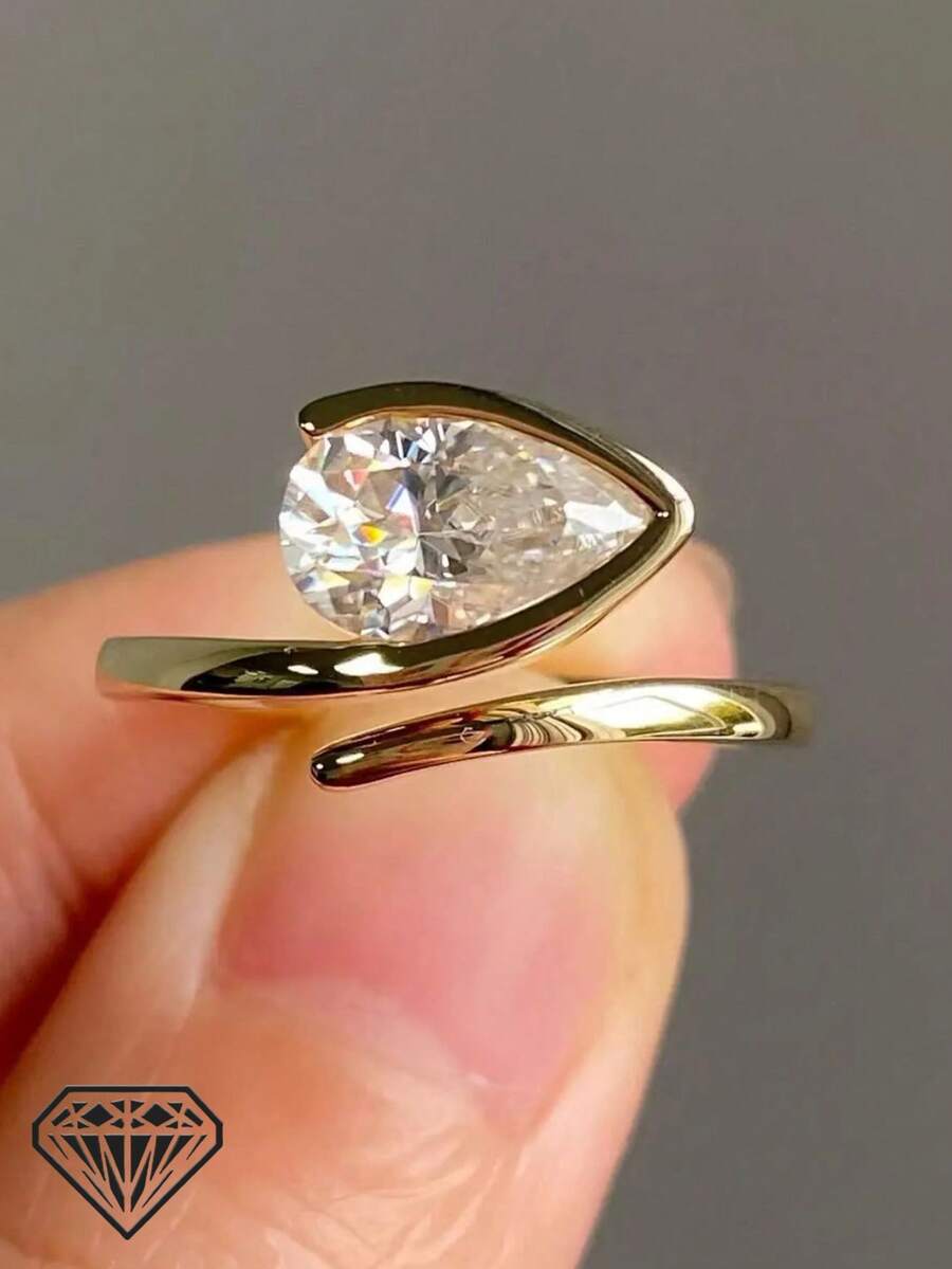 1pc Women's Quality Solitaire Ring, Minimalist Line Design Open Ring, 2.2g 925 Sterling Silver 1 Carat Pear Cut Moissanite, Classic & Fashionable Jewelry, Wedding Engagement Ring, Comes With Moissanite Certificate & Elegant Gift Box