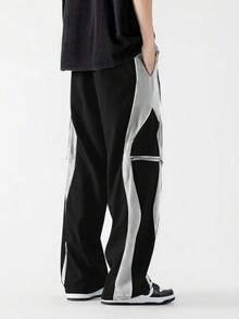 Quần Cargo dáng rộng cho nam màu tương phản, thiết kế túi khóa kéo giả, phù hợp mặc ngoài trời, thường ngày và tập thể dục, mùa thu - màu đen - Xem 3