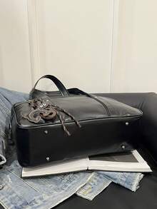 Bolso de mano minimalista de estilo oficinista, bolso de mano de mujer de moda en PU, bolso de hombro de gran capacidad de unicolor y personalizado para el trabajo - Negro - Ver 9