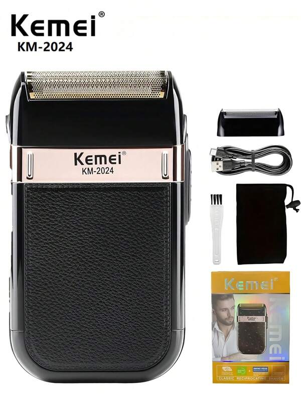 Kemei Rasoir électrique pour hommes KM-2024 | Tondeuse à barbe et chargement USB | Rasoir de beauté sans fil de précision et produits d'épilation | Ultra-portable à emporter en voyage | Cadeau pour père/mari/ami/fils
