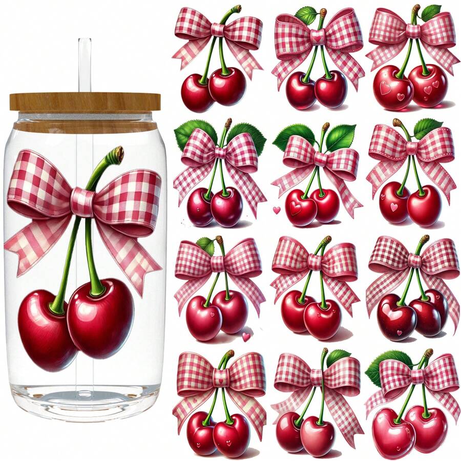 ELEWINS 12pcs Cherry Blossom Bow UV Printed Waterproof Crystal Cup Stickers DIY