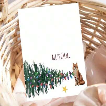 "1 cartão de Natal engraçado com envelope, material de papel, recipiente universal, tema de anime, design de gato de desenho animado e árvore caída, cartão de Natal 'Tudo está calmo' para amigos e familiares."