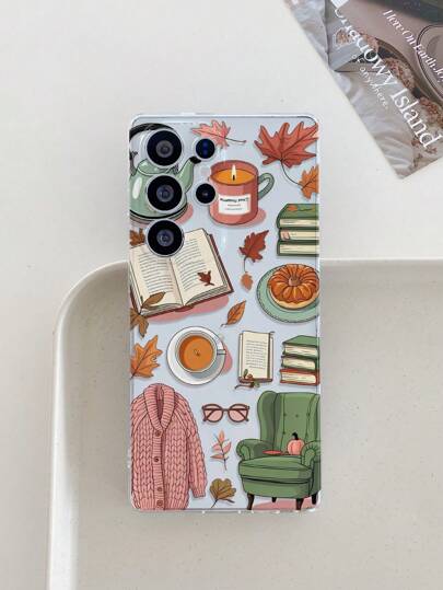 1pc Niche Coffee Cup, Book, Leaf, Bread, Sofa, Eye, Candle, Pumpkin, Sweater Autumn Series Transparent Shockproof TPU Phone Case, Suitable As Holiday Gift For Partner And Friends, Compatible With Samsung, Waterproof Anti-Fall Scratch Resistant