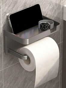 1PC Beautiful, Practical, Easy To Install, No Drilling Required Bathroom Tissue Holder - With Phone Holder, Storage Rack, Toilet Paper Holder, Towel Storage, Bathroom Supplies, Plastic Material Wall Mounted Toilet Paper Roll Holder With Storage Rack, Plastic Bathroom Decoration