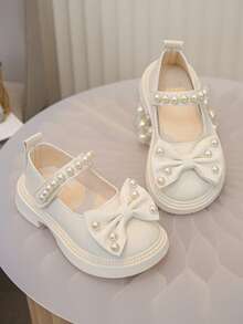 Girls' Cute Solid Color Big Bow Faux Pearl Design Outdoor Loafers Princess Flats - Beige - View 5