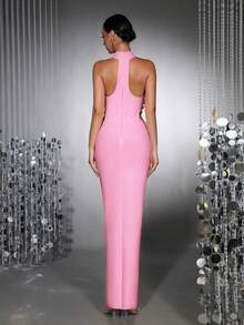 Nouvelle robe longue élégante à col montant 3D floral sexy, sans manches, dos nu, fendue haute. Robe de soirée formelle pour femmes pour mariage, fête, vacances