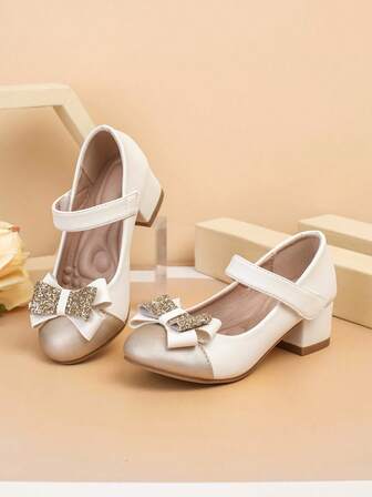 1 par de zapatos de tacón alto de unicolor elegantes para mujer, con decoración de punta dorada, acento de lazo brillante, plantilla de masaje cómoda, adecuados para todas las estaciones y ocasiones