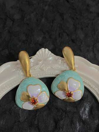 2pcs Vintage Colorful Enamel Flower Elegant Charm Layered Earrings, Suitable For Women's Daily And Party Wear