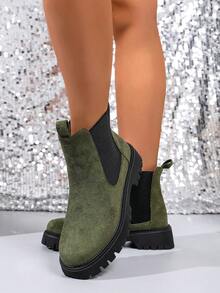 Fall/Winter 1 Pair Solid Color Preppy Style Casual Party Wedding Fine Velvet Women Ankle Boots, Suitable For Outdoor, Office, Party, Holiday, Wedding, Winter - Green - View 4
