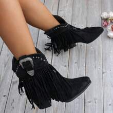 Vintage Fringe ,  Suede Rivet Ankle Boots,Metal Buckle Chunky Heel ,Western Cowboy Boots  Western    Side Zipper    Holiday - Black - View 2