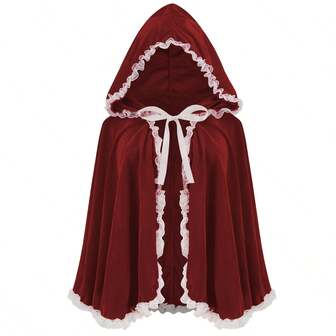 酒红色天鹅绒蕾丝白边连帽天鹅绒披肩 女士披肩 圣诞节角色扮演派对精美披肩