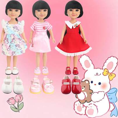 6pcs/Pack 14-Inch American Girl Doll Clothes, Including 3 Cute Unicorn & Floral Pattern Outfits And 3 Pairs Of Bow Leather Doll Shoes, Suitable For 35cm Baby Girl Dolls.